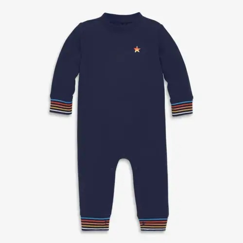 Baby embroidered stripe trim sweatshirt romper in navy - 6 to 12 Months