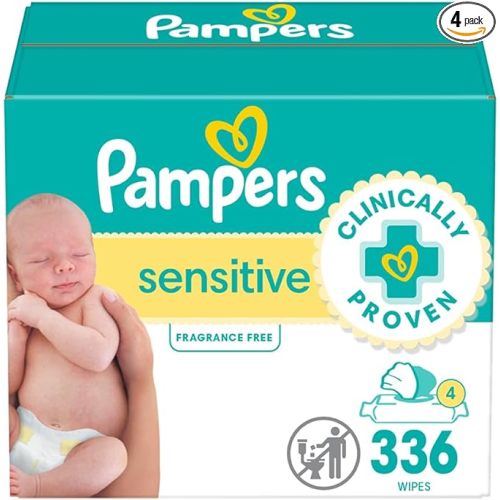 Pampers Sensitive Baby Wipes, Water Based, Hypoallergenic and Unscented, 4 Flip-Top Packs (336 Wipes Total)