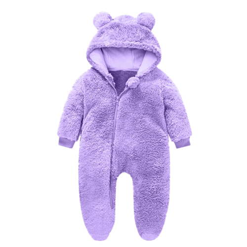 Gibobby Newborn Baby Bear Outfit Suit with Fold-Over Mittens Footies Girls Boys Winter Fleece Clothes Hooded Romper Snowsuit(Light Purple,0-3 Months)