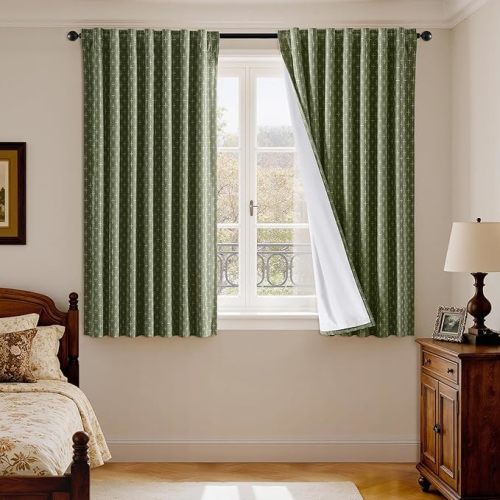 MIULEE 100% Blackout Decorative Linen Curtains with Geometric Pattern, Thick Woven Farmhouse Rustic Patterned Drapes with Back Tab for Bedroom and Living Room, Olive Green, 52 x 63 Inches, 2 Panels