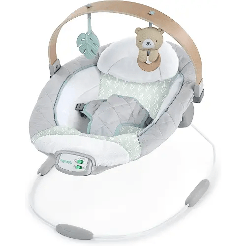 Ingenuity Cozy Spot Soothing Baby Bouncer with Wooden-Toy Arch, Natural Rubber-Toy, Safety Harness, Music & Auto-Shutoff, 0-6 Months, Grey