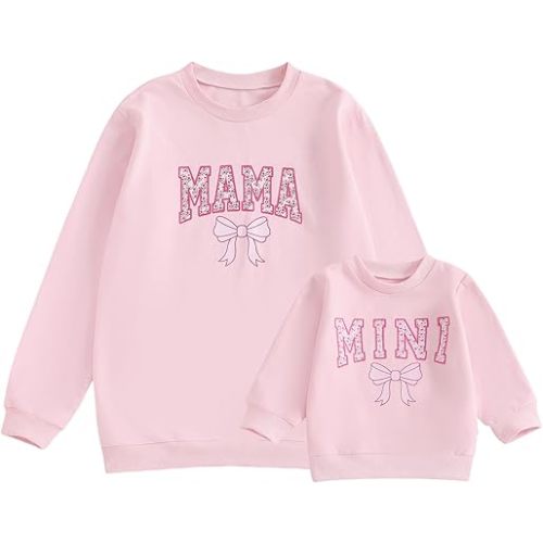 Mommy and Me Matching Outfits Cute Bow Mama and Mini Long Sleeve Crewneck Sweatshirt Tops Mother Baby Matching Clothes