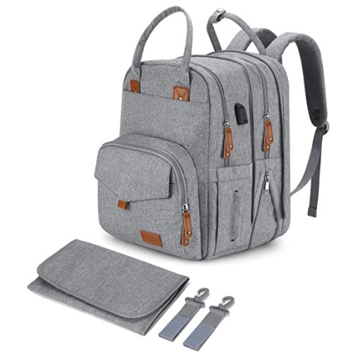 Diaper Bag Backpack - Large Expandable Waterproof Baby Bags For Twins, 23 Pockets - Stylish Nappy Maternity Bag with Changing Pad and Stroller Straps for Mom and Dad - Multifunction Travel Back Pack - Grey
