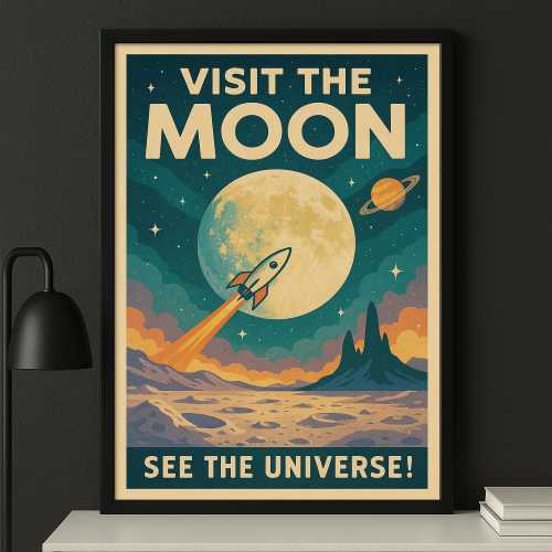 Visit the Moon Poster - Retro Space Travel Print, Mid Century Modern Wall Art, Cosmic Adventure Decor,Vintage Sci-Fi Poster for Space Lovers