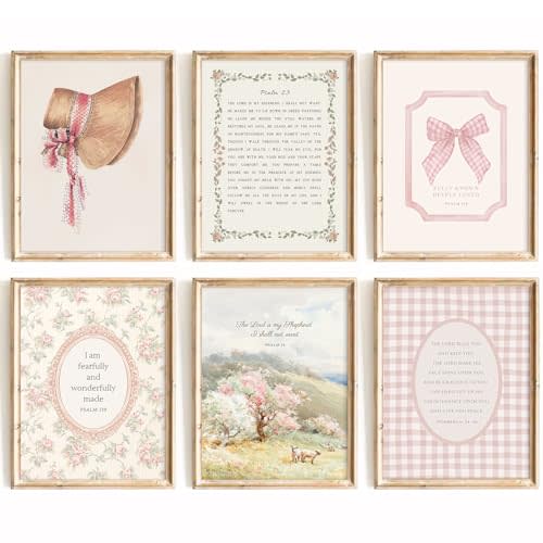 Christian Nursery Wall Art Bible Verse Canvas Wall Decor Pink Vintage Girls Nursery Poster Scripture Floral Bow Print Coquette Room Decor Pictures Jesus Artwork for Bedroom 8x10x6 Inch Unframed