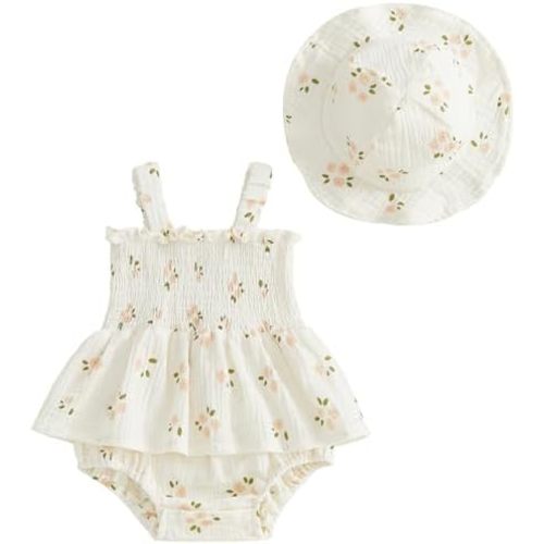 Mubineo Baby Girl Clothes Summer Dress Cotton Linen Romper Sleeveless Smocked Rompers Sun Dress Hat Skirt Boho Outfits