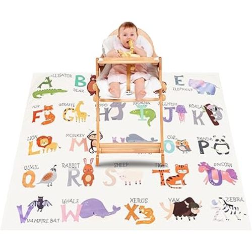 Splat Mat for Under High Chair, 51" SI Anti-Slip Waterproof Multipurpose Splash Mat, Washable High Chair Mat Floor Protection Table Cloth Portable Picnic Play Mat with Early Education Pattern