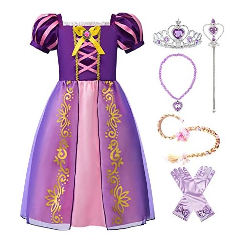 ReliBeauty Girls Dress Puff Sleeve Princess Costume, 4T-4, Purple(with Accessories)