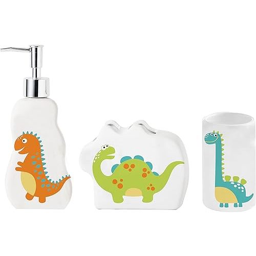 Kids Dinosaur Bathroom Set – 3-Piece Fun Bathroom Accessories for Kids, Including Toothbrush Holder, Soap Dispenser, and Cup – Adorable Dinosaur Décor for a Playful Bathroom.