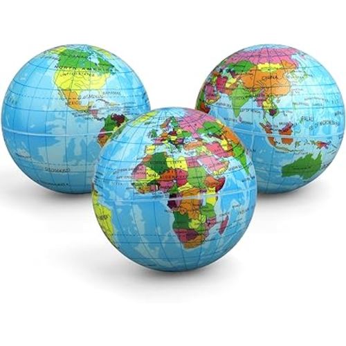 Mini Earth Soft Squishy Ball 3 Pack - 3.7 Inch Foam Globe Stress Balls for Boys Girls- Educational Geography Squishies Toys- Squeeze Sensory Learning Toy World Map for Kids Adults