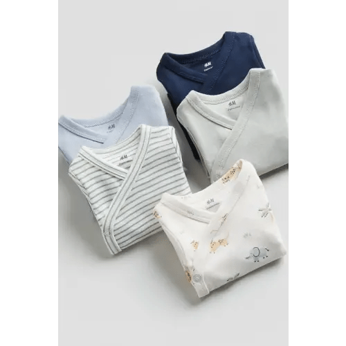 5-pack Cotton Bodysuits, V-neck, Short sleeve, Light dusty green/safari