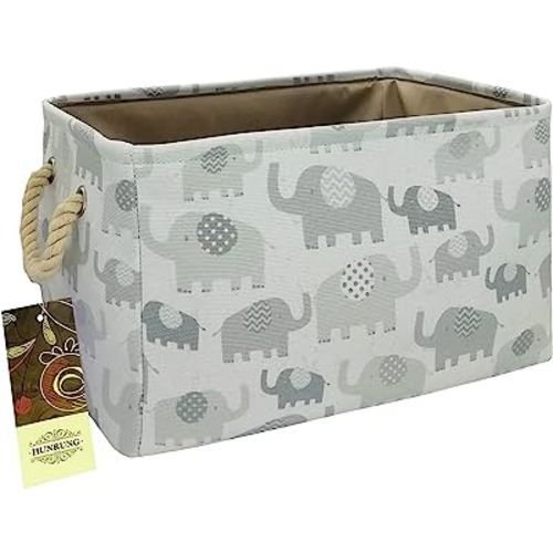 HUNRUNG Rectangle Storage Basket Cute Canvas Organizer Bin for Pet/Children Toys, Books, Clothes Perfect for Rooms/Playroom/Shelves（Rec-Grey Elephants XL）