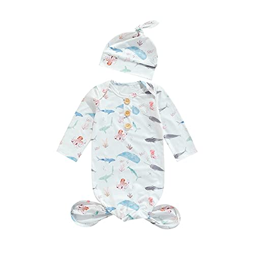 Tsseiatte Newborn Baby Boy Girl Knotted Gowns Long Sleeve Printed Sleeping Bag Coming Home Outfit Nightgown Pajamas Hat Set