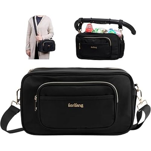 Universal Stroller Caddy with Cup Holder, Waterproof Small Diaper Bag, Stroller Organizer with Shoulder Straps, Baby Travel Bag with Wipes Pocket