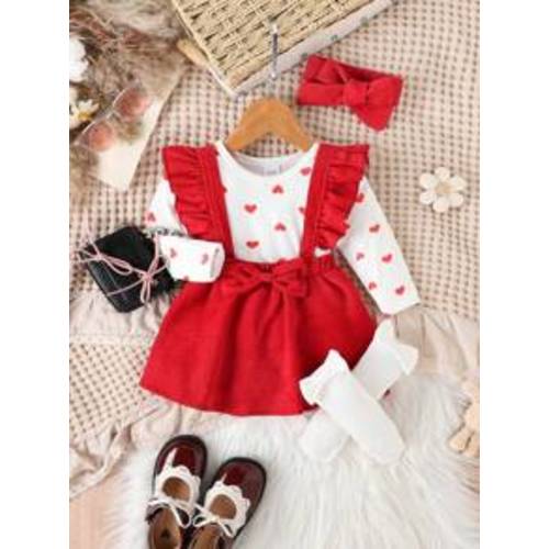 2pcs Autumn Winter Baby Girls Cute Red Heart Bodysuit & Ruffle Trim Bib Overall Dress Set