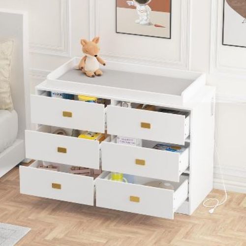 Changing Table Dresser with 6 Drawers, Removable Top & Power Outlets, Baby Nursery Dresser with Soft Changing Pad