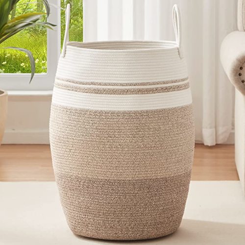 Laundry Hamper Woven Rope Large Clothes Hamper 25.6" Height Tall Laundry Basket with Extended Handles for Storage Clothes Toys in Bedroom, Bathroom, Foldable (Gradient Yellow)
