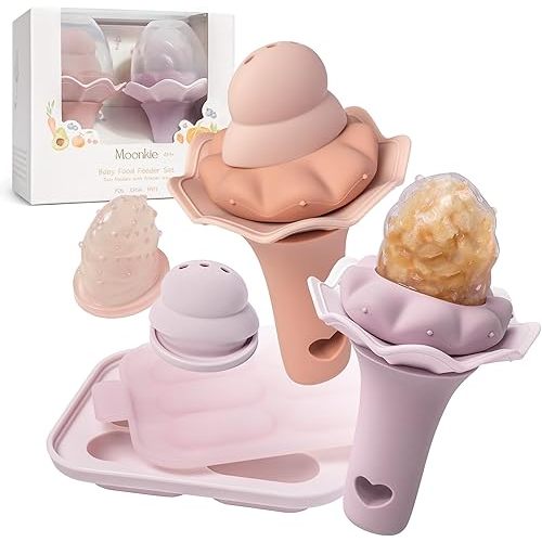 Moonkie Baby Fruit Feeder for Self-Feeding: Controlled Flow Design for Safe First Foods - BPA Free Silicone Food Feeder with Freezer Tray for Cooling Comfort - Baby Shower Gifts 4M+ - 2 Pack