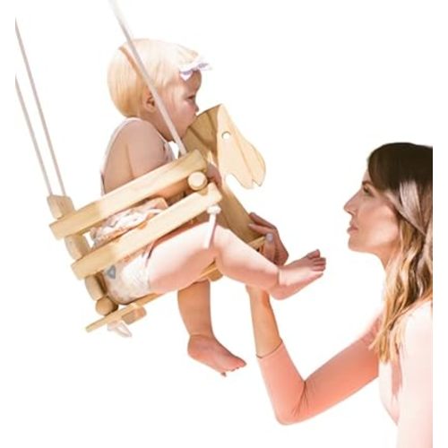 Wooden Horse Baby Swing for Outdoor Porch or Patio. Wood Toddler Swing with Bucket Chair Seat Design for Outside Swings Sets or Hanging Tree Accessories. Backyard Horse Toy Set for Infants & Kids.