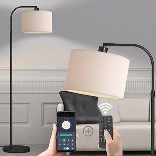 Black Floor Lamp with Remote Control, Adjustable Height Arc Floor Lamps for Living Room, Black Standing Lamp Dimmable Floor Lamp for Bedroom, Office, 1000 Lumens LED Smart Bulb Included,