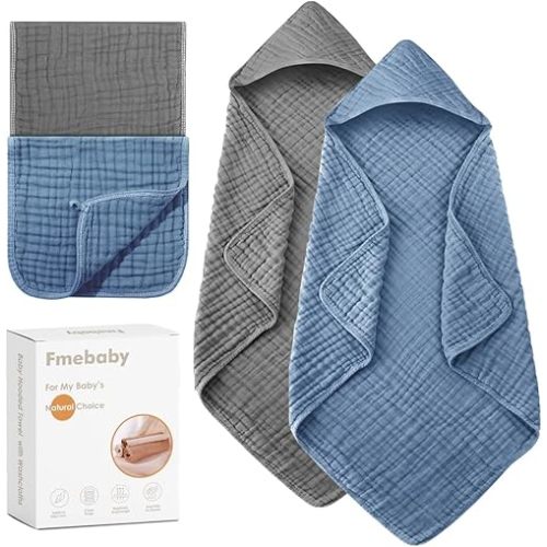 Hooded Baby Towels for Newborn 2 Pack 100% Muslin Cotton Baby Bath Towel and 2 Pack Washcloths for Babies, Infant, Toddler and Kids, Soft and Absorbent Newborn Essential(Grey and Blue)