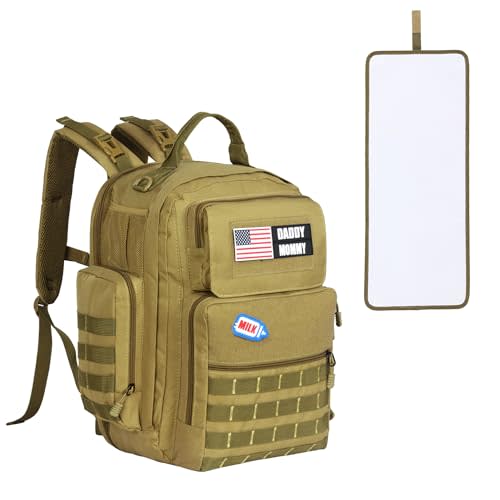 MABOZOO Diaper Bag Backpack for Dad, Brown Military Diaper Bag Backpack with Waterproof Changing Pad,Large Mens Baby Bag,Unisex Molle Style Baby Backpack Bag