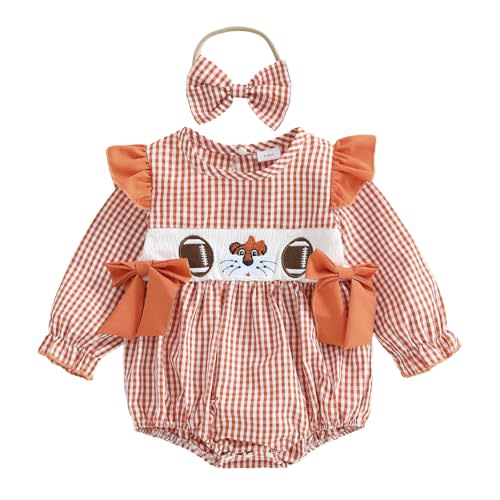 Baby Girl Football Outfit Smocked Bubble Romper Ruffle Long Sleeve Onesie Plaid Jumpsuit Fall Winter Clothes