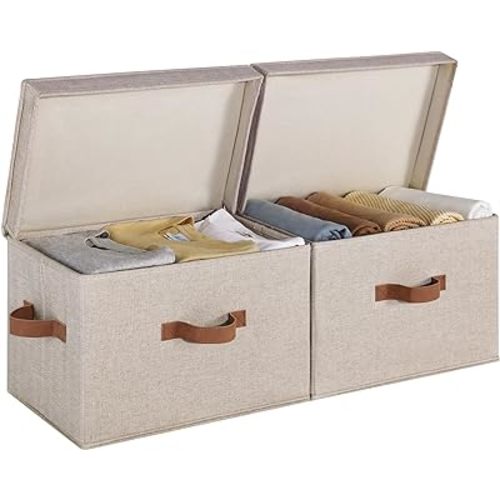 StorageWorks Fabric Storage Bins with Lid, Decorative Storage Boxes for Shelves, Stackable Closet Organizer Basket with Handles, Large, Brown and Beige, 2-Pack