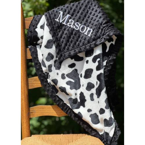 Personalized Cow Pattern Minky Blanket | Frame Style Border | Embroidery | Cow Minky | Baby Shower Gift | Cuddle Minky on Minky