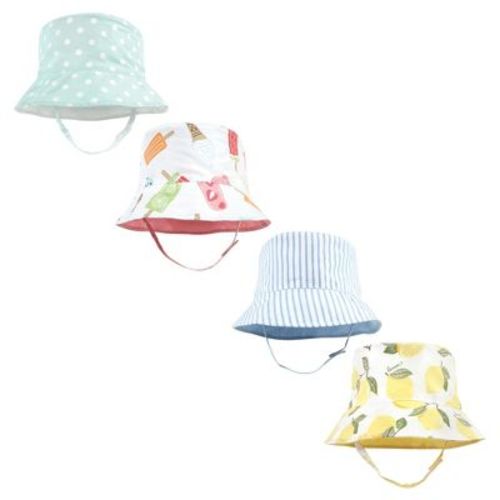 Hudson Baby Infant Girl 4pc Sun Protection Hat, Ice Cream Dot Lemon Stripe, 12-24 Months