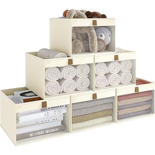 Storage Bins with Clear Window, Linen Closet Organizers and Storage, Closet Storage Shelves Box, Foldable Cloth Basket for Towels, Books, Toys, 12.75" x 12.75" x 9", Beige, 6-pack