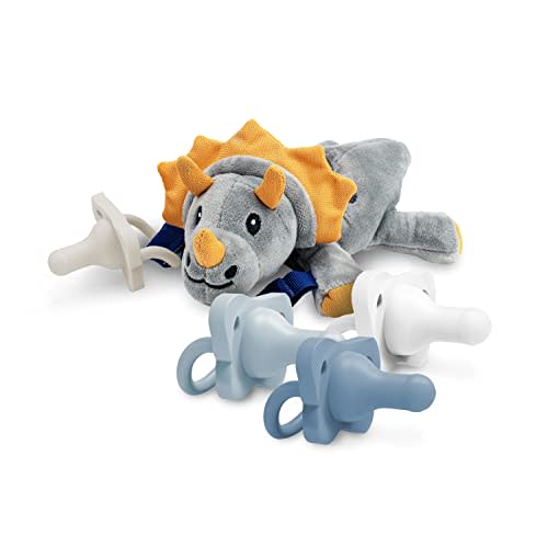 Dr. Browns HappyPaci 100% Silicone Baby Pacifier 0-6m, BPA Free 4-Pack with Lovey Soft Plush Animal Teether Holder, Triceratops