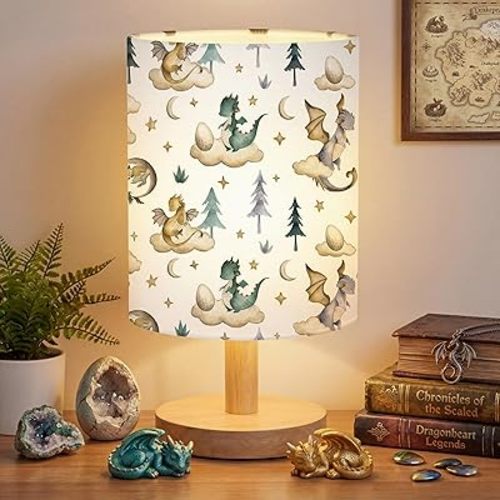 VIHOSE Cute Dragon Kids Table Lamp for Bedroom Kids Bedside Lamp with Linen Wooden Nightstand Cartoon Nursery Lampshade for Girls Boys Living Room