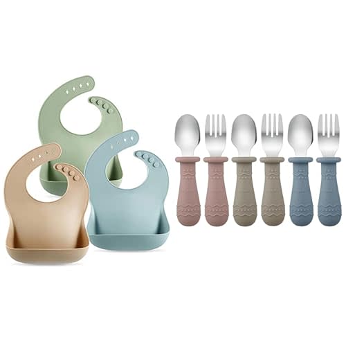 PandaEar Baby Bibs & Toddler Utensils (Blue/Brown/Red)