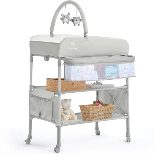 BabyBond Portable Baby Changing Table, Foldable Diaper Changing Table Dresser Waterproof Height Adjustable Changing Station for Infant and Newborn(Beige)