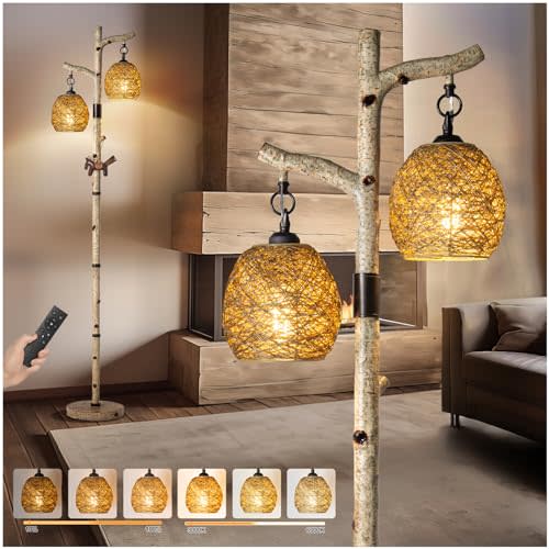 68.5" Rustic Farmhouse Remote Control Switch Birch Tree Floor lamp with Bird Nest Lantern Shade Vintage Standing Lamp for Living Room Bedroom Hotel Bar Office Wood House(Bulb Included)
