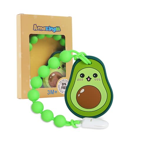 Baby Food Grade Silicone Teether Toy with One Piece Design Pacifier Clip Holder,Teething Pain Relief Toys Gift Set for 3 Months+ Boys and Girls,Freezer Safe,BPA Free. (Avocado)