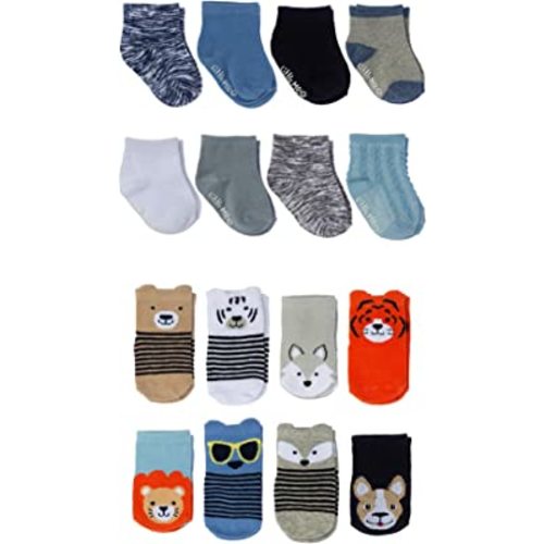 Little Me 16-Pack Newborn Baby & Infant Boys Socks- Solids, Space Dye & Cute Animals Assorted Pack- 0-12 Months