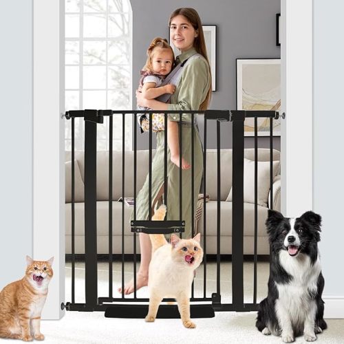 37 Inch Tall Baby Gate with Small Cat Door, Adjustable 29.5" and -40.55",Auto Close Dog Gate Pet Gate Easy Walk Thru Pet Door for Stairs, Doorway, House, Pressure Mounted Safety Child Gate