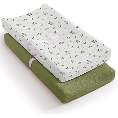 Mi Flor 2 Pack Muslin Changing Pad Cover – Ultra Soft CPC Certified Baby Changing Table Cover with Elastic Corners, 360° Fit, Lightweight, Breathable, Fits Most Changing Pads