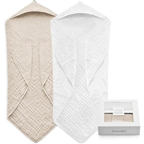 Newborn Hooded Baby Towels, 35x35 Inch 2 Pack 100% Muslin Cotton Baby Bath Towel, Soft Baby Beach Towels with Hood for Infants, Toddlers and Kids, (White + Beige)