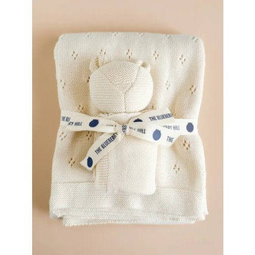 The Blueberry Hill Pique Blanket & Bear Lovey, Cream Organic Cotton Baby Gift