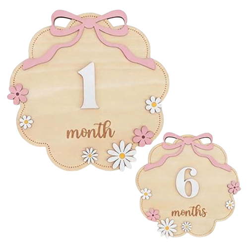 Wooden Baby Monthly Milestone Sign Set with Pink Bow, 1–12 Month Cloud Shape Photo Prop, Floral Baby Girl Growth Tracker Nursery Decor