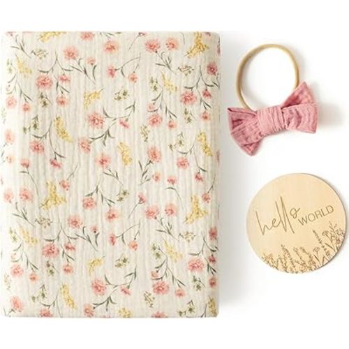 Little Jump Baby Muslin Swaddle Blankets for Girls, Newborn Swaddle Set with Matching Headband Bow, 47 x 47 inches Floral Print Hospital Home-Coming Baby Announcement Blanket.(Floral)