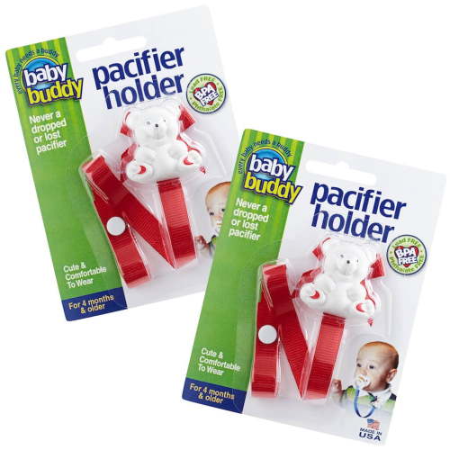 Baby Buddy Infant Pacifier Holder Clip, Cute Bear Clips to Shirt, Snaps to Paci, Toys, Red, 2 Pack