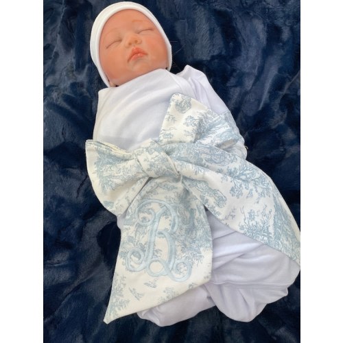 Monogrammed Newborn Baby Pink, Blue, or Gray Toile Bow Sash, Maternity Photo Prop, Monogrammed Newborn Wrap, Baby Photo Prop, Big Bow - Etsy