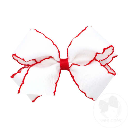 Medium Moonstitch Grosgrain Hair Bow with Contrasting Wrap - WHT W/ HPK | Wee Ones Hair Bows & Accessories