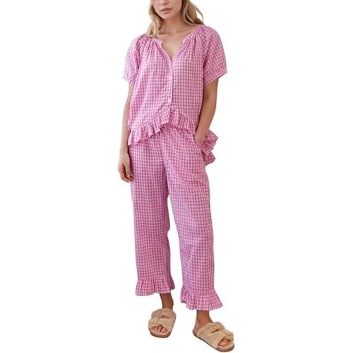 Flygo Womens Plaid 2 Piece Pajamas Sets Gingham Button Down Puff Sleeve Babydoll Shirt Ruffle Pants Y2K Pjs Lounge Set