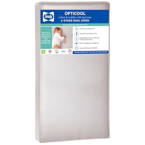 Sealy Baby OptiCool Breathable Crib Mattress, GREENGUARD GOLD Certified, Made in USA, Toddler Bed Fit, 2 Stage Cooling Memory Foam, Non Toxic, Airy Cotton Cover, Safety & Quality Tested, 52x28"