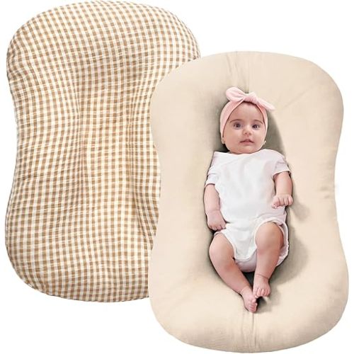 FUNUPUP Muslin Baby Lounger Cover Compatible with Snuggle Me Lounger, Infant Pillow Cover for Newborn, Removable Nest Slipcover for Boys and Girls, Only Cover, Beige and Plaid